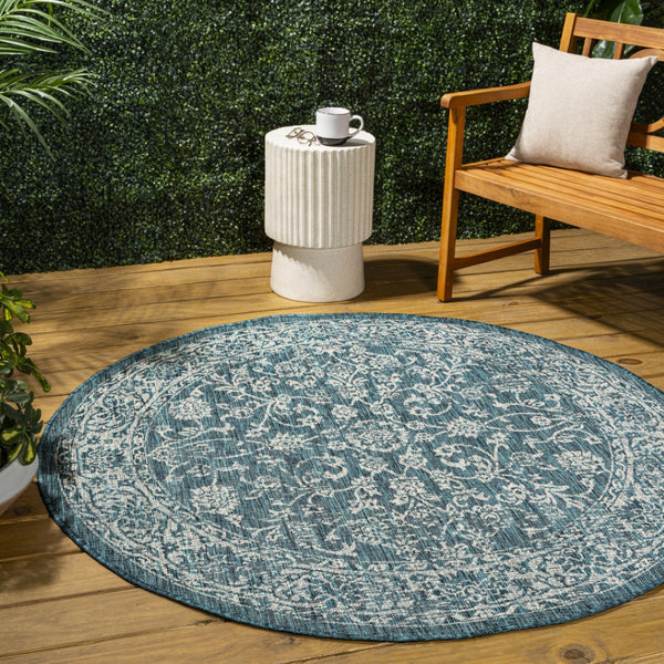 HomeRoots 5' Teal Blue and Gray Round Medallion Rug – Stylish Indoor/Outdoor Area Rug for Modern Spaces 704190
