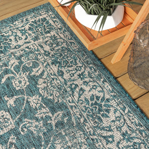 HomeRoots 5' Teal Blue and Gray Round Medallion Rug – Stylish Indoor/Outdoor Area Rug for Modern Spaces 704190
