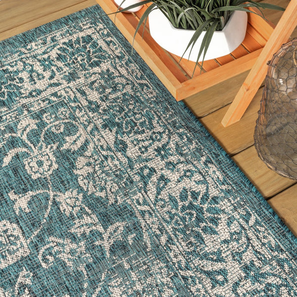 HomeRoots 5' Teal Blue and Gray Round Medallion Rug – Stylish Indoor/Outdoor Area Rug for Modern Spaces 704190