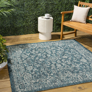 HomeRoots 5' Teal Blue and Gray Square Medallion Rug - Indoor/Outdoor Stylish & Durable Area Carpet for Any Space 704191