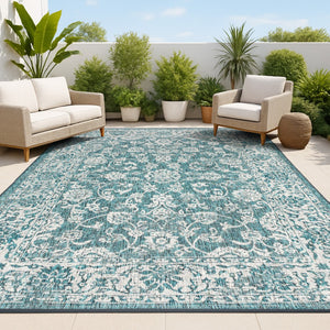 HomeRoots 6' Teal Blue and Gray Medallion Area Rug - Versatile Indoor/Outdoor Design for Stylish Spaces 704192