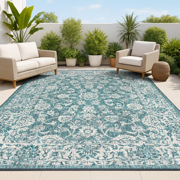 HomeRoots 6' Teal Blue and Gray Medallion Area Rug - Versatile Indoor/Outdoor Design for Stylish Spaces 704192