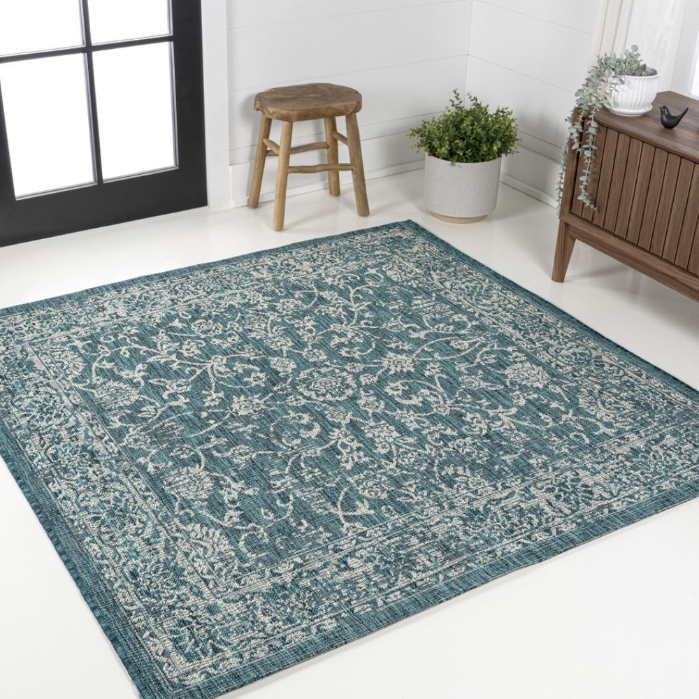 HomeRoots 8' Teal Blue and Gray Square Medallion Rug - Stylish Indoor/Outdoor Accent for High-Traffic Spaces 704196