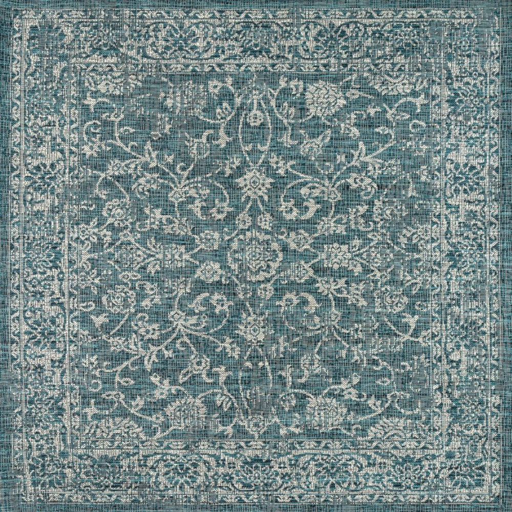 HomeRoots 8' Teal Blue and Gray Square Medallion Rug - Stylish Indoor/Outdoor Accent for High-Traffic Spaces 704196