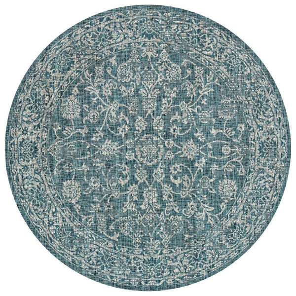 HomeRoots 9' Teal Blue and Gray Round Medallion Rug - Stylish Indoor/Outdoor Accent for Any Space 704197