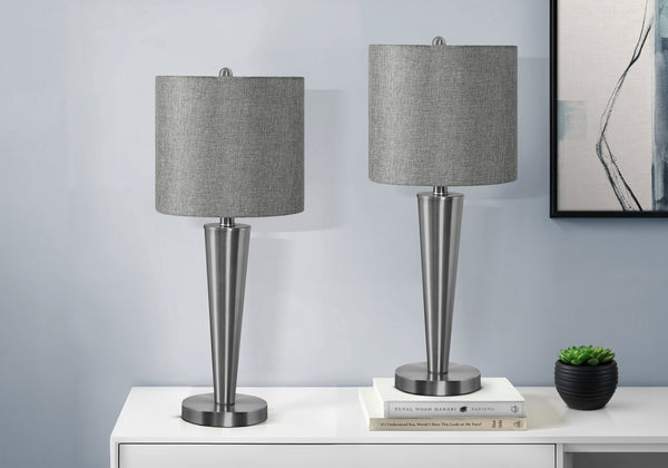 English Elm Lighting, Contemporary Set of 2 USB Table Lamps with Linen Tapered Shades, Nickel Metal Finish Silver 22 L x 11 W x 21 H B2710P220103