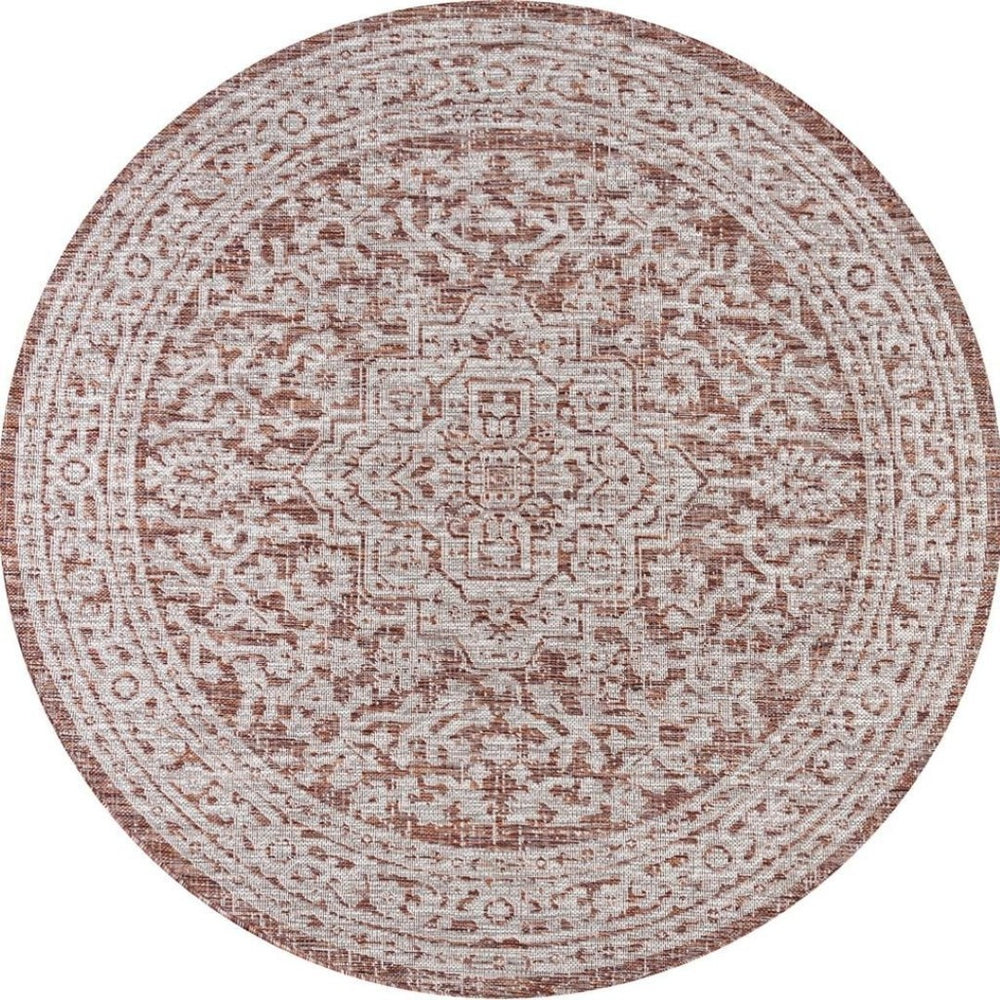 HomeRoots 6' Red and Taupe Round Medallion Rug - Stylish, Durable Indoor/Outdoor Accent for Any Space! 704201