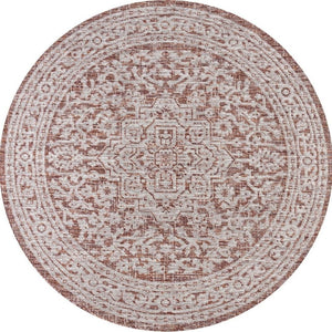 HomeRoots 6' Red and Taupe Round Medallion Rug - Stylish, Durable Indoor/Outdoor Accent for Any Space! 704201