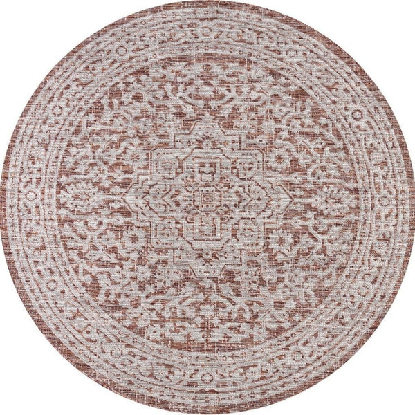 HomeRoots 6' Red and Taupe Round Medallion Rug - Stylish, Durable Indoor/Outdoor Accent for Any Space! 704201
