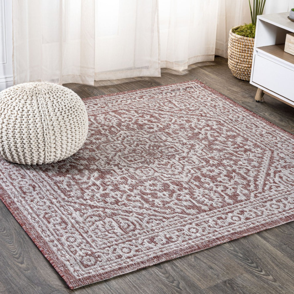 HomeRoots 6' Bold Red and Taupe Square Medallion Area Rug - Perfect for Indoor & Outdoor Spaces, Easy Care! 704202