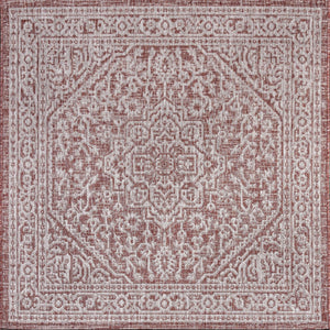 HomeRoots 6' Bold Red and Taupe Square Medallion Area Rug - Perfect for Indoor & Outdoor Spaces, Easy Care! 704202