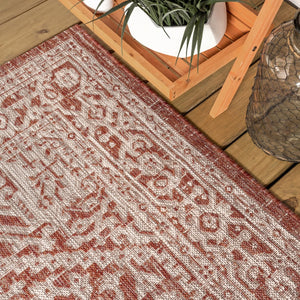 HomeRoots 9' Red and Taupe Round Medallion Rug - Stylish Indoor/Outdoor Area Rug for Any Space, Durable & Easy Care 704205