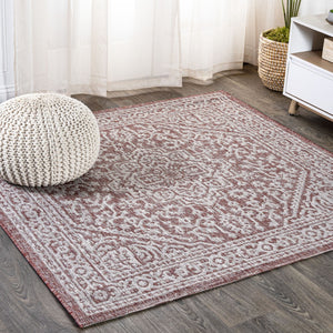HomeRoots 9' Red and Taupe Square Medallion Rug - Stylish Indoor/Outdoor Area Rug for High Traffic Spaces 704206
