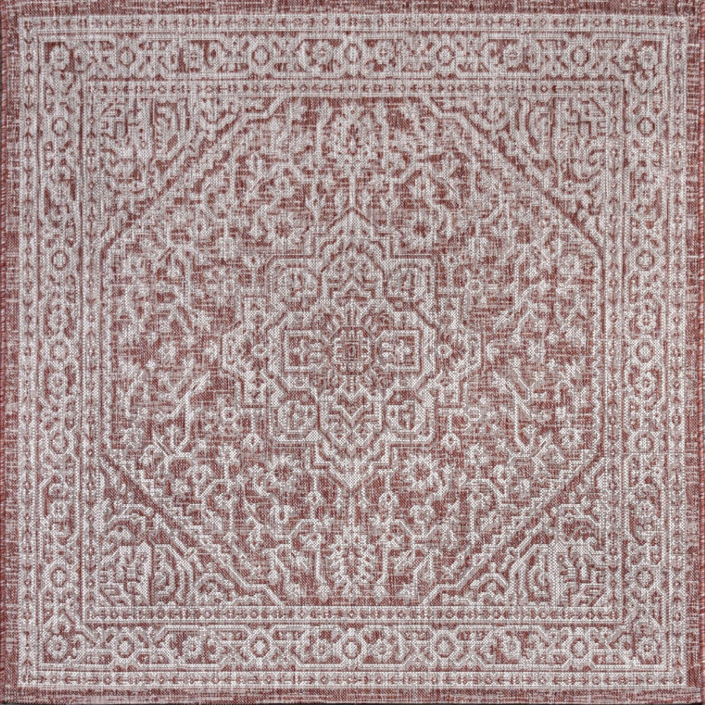 HomeRoots 9' Red and Taupe Square Medallion Rug - Stylish Indoor/Outdoor Area Rug for High Traffic Spaces 704206
