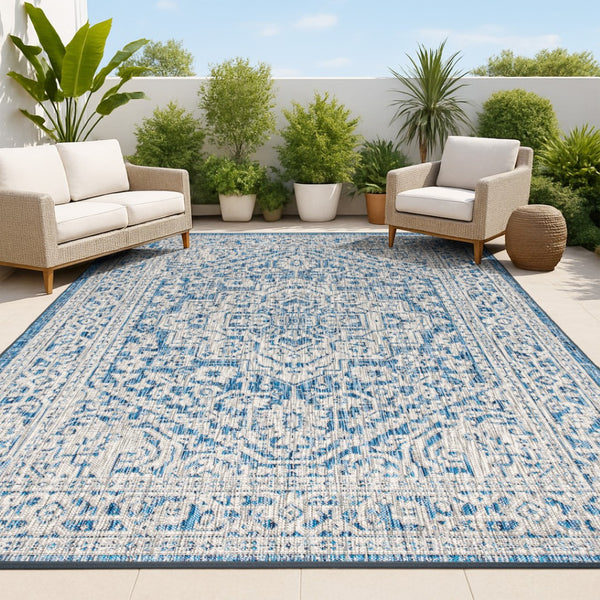 HomeRoots 6' X 9' Navy Blue & Gray Medallion Area Rug - Indoor/Outdoor, Stylish, Durable, Easy Care & Versatile 704209