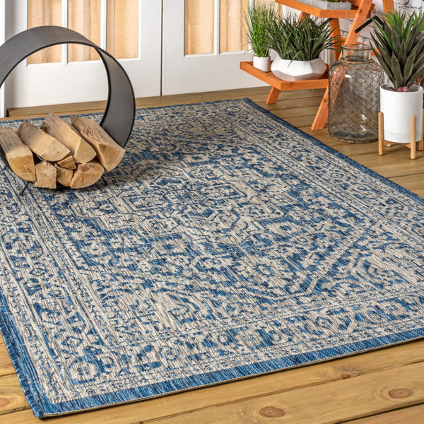 HomeRoots 6' X 9' Navy Blue & Gray Medallion Area Rug - Indoor/Outdoor, Stylish, Durable, Easy Care & Versatile 704209