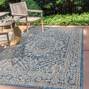HomeRoots 6' X 9' Navy Blue & Gray Medallion Area Rug - Indoor/Outdoor, Stylish, Durable, Easy Care & Versatile 704209