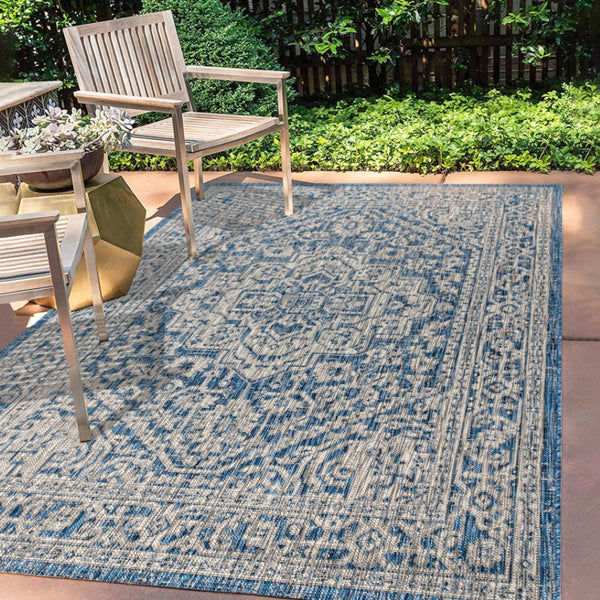 HomeRoots 6' X 9' Navy Blue & Gray Medallion Area Rug - Indoor/Outdoor, Stylish, Durable, Easy Care & Versatile 704209