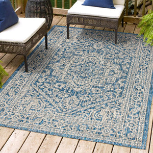HomeRoots 6' X 9' Navy Blue & Gray Medallion Area Rug - Indoor/Outdoor, Stylish, Durable, Easy Care & Versatile 704209