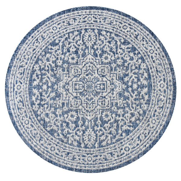 HomeRoots 6' Navy Blue and Gray Round Medallion Area Rug - Stylish Indoor/Outdoor Design for Any Space 704210