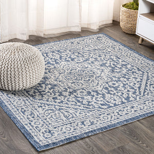 HomeRoots 6' Navy Blue & Gray Square Medallion Rug - Stylish Indoor/Outdoor Accent for Modern Spaces 704211