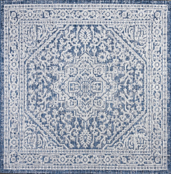 HomeRoots 6' Navy Blue & Gray Square Medallion Rug - Stylish Indoor/Outdoor Accent for Modern Spaces 704211