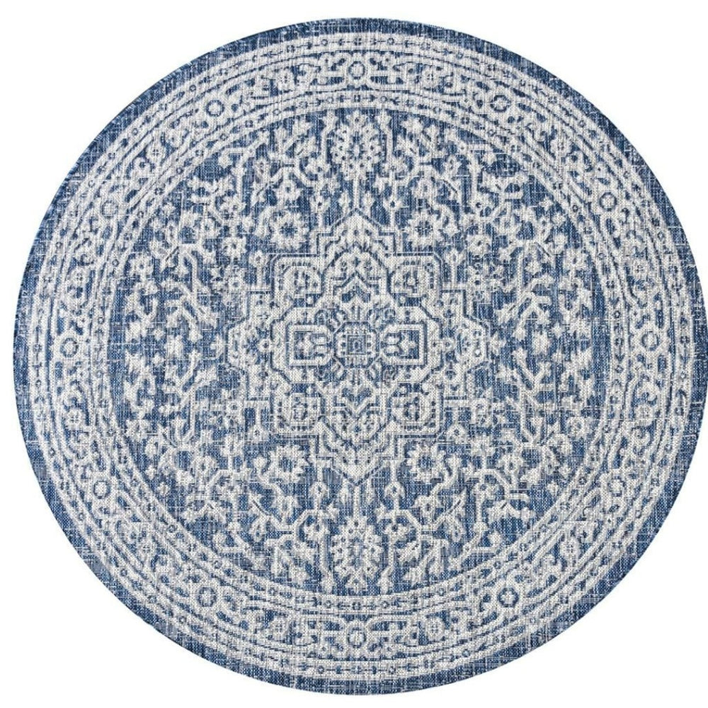 HomeRoots 8' Navy Blue and Gray Round Medallion Area Rug – Stylish, Durable, Ideal for Indoor and Outdoor Spaces 704212