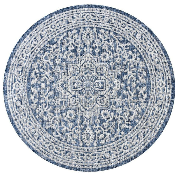 HomeRoots 8' Navy Blue and Gray Round Medallion Area Rug – Stylish, Durable, Ideal for Indoor and Outdoor Spaces 704212