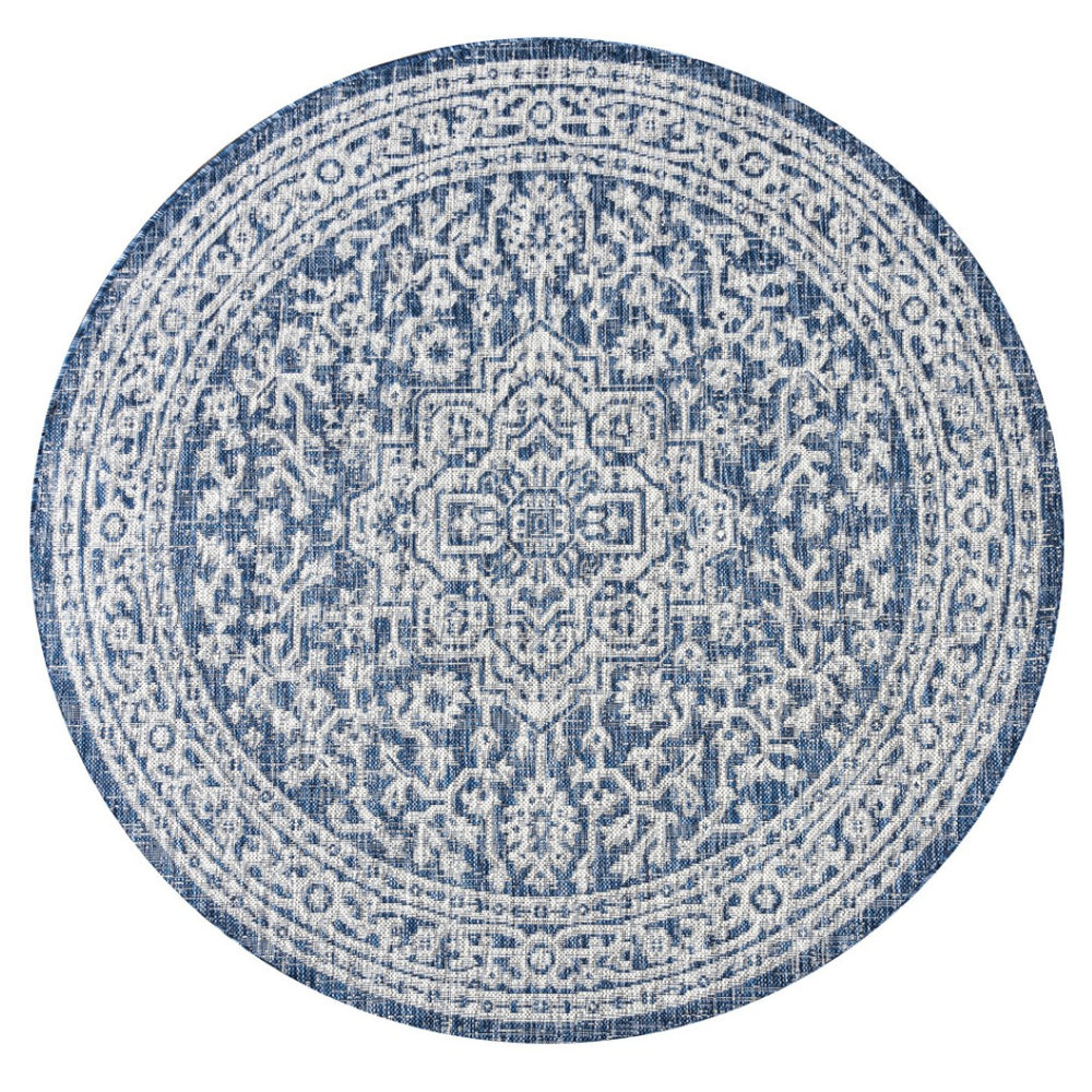 HomeRoots 8' Navy Blue and Gray Round Medallion Area Rug – Stylish, Durable, Ideal for Indoor and Outdoor Spaces 704212