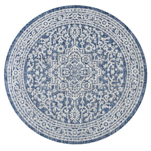 HomeRoots 8' Navy Blue and Gray Round Medallion Area Rug – Stylish, Durable, Ideal for Indoor and Outdoor Spaces 704212