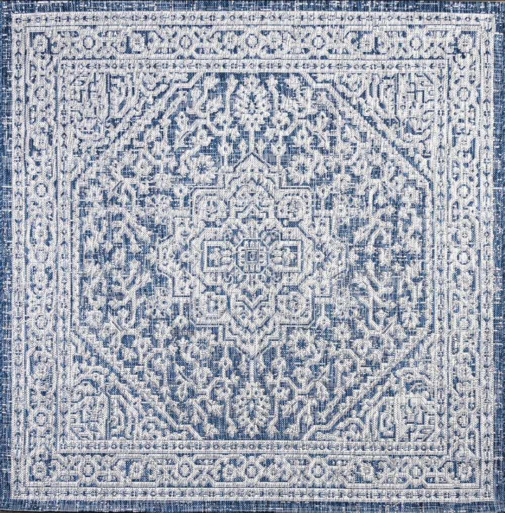 HomeRoots 9' Stunning Navy Blue and Gray Square Medallion Indoor/Outdoor Area Rug for Stylish Spaces 704215