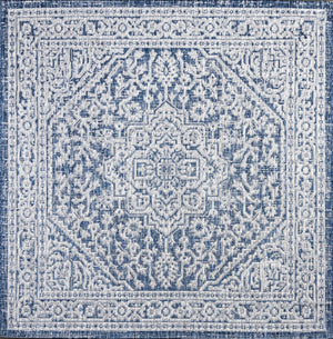 HomeRoots 9' Stunning Navy Blue and Gray Square Medallion Indoor/Outdoor Area Rug for Stylish Spaces 704215