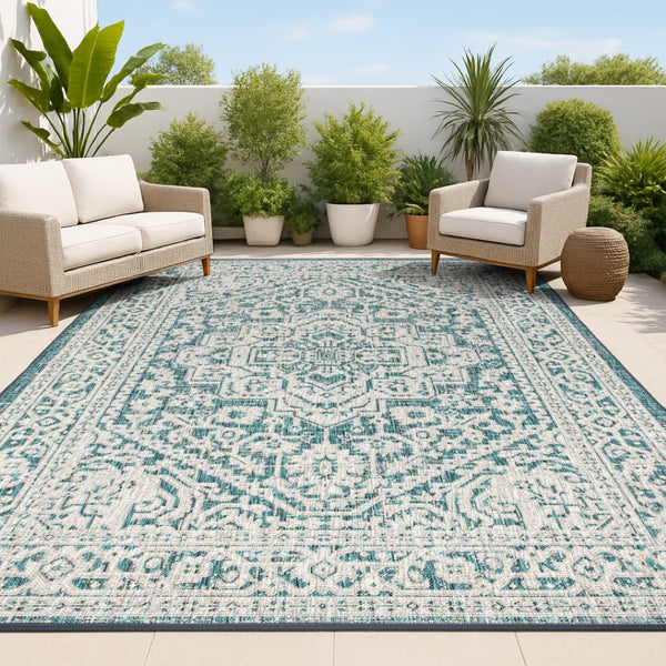 HomeRoots 6' Teal Blue and Gray Medallion Area Rug - Stylish Indoor/Outdoor Solution for Modern Spaces! 704217