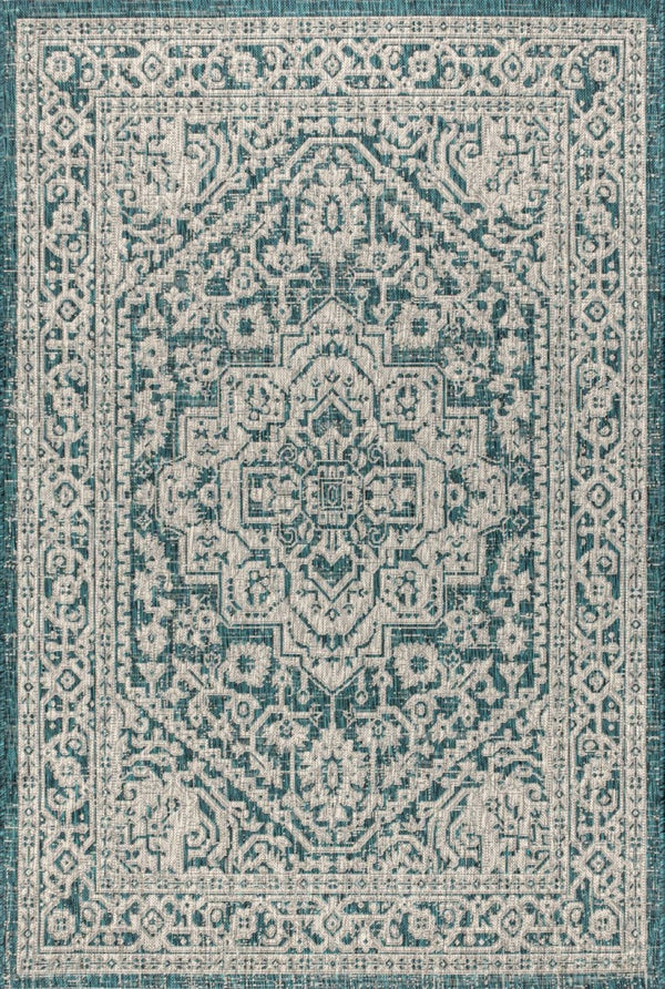 HomeRoots 6' Teal Blue and Gray Medallion Area Rug - Stylish Indoor/Outdoor Solution for Modern Spaces! 704217