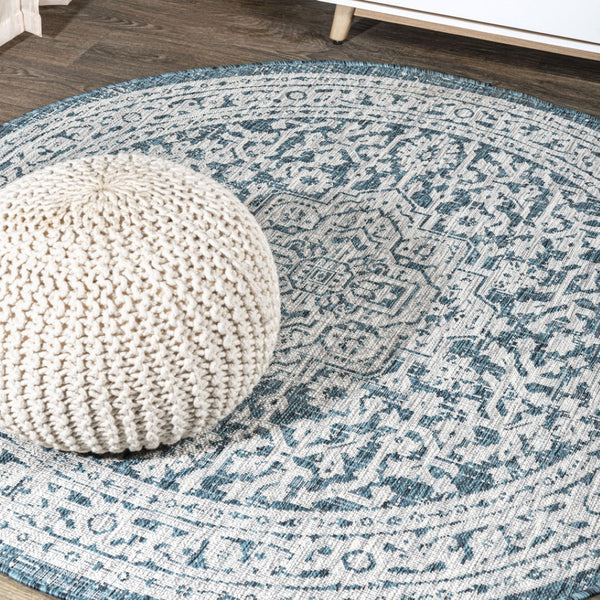 HomeRoots 6' Teal Blue and Gray Round Medallion Rug - Durable Indoor/Outdoor Area Rug for Stylish Spaces 704218