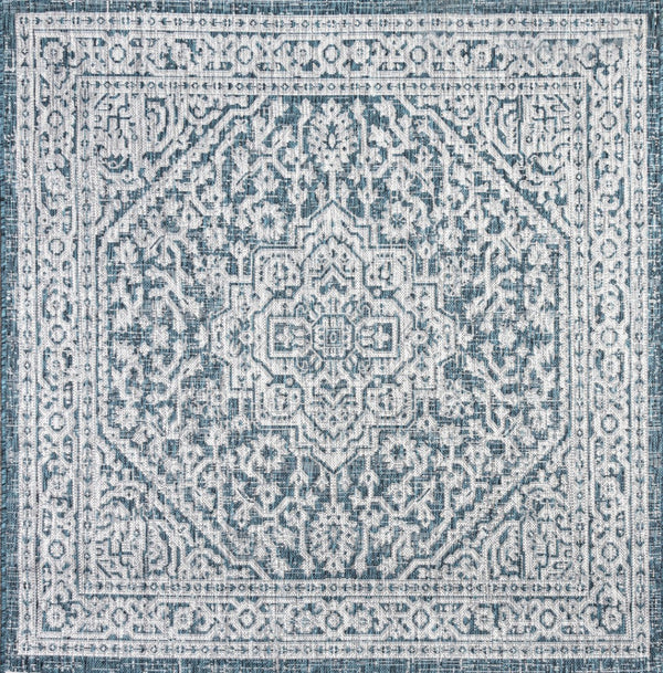 HomeRoots 6' Teal Blue & Gray Square Medallion Area Rug - Stylish, Durable Indoor/Outdoor Design for Any Space 704219