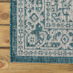 HomeRoots 6' Teal Blue & Gray Square Medallion Area Rug - Stylish, Durable Indoor/Outdoor Design for Any Space 704219