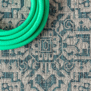 HomeRoots 6' Teal Blue & Gray Square Medallion Area Rug - Stylish, Durable Indoor/Outdoor Design for Any Space 704219