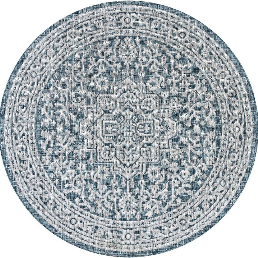HomeRoots 8' Teal Blue and Gray Round Medallion Area Rug - Stylish, Durable Design for Indoor or Outdoor Spaces 704220