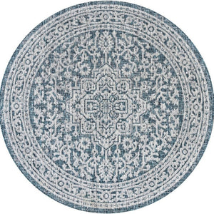 HomeRoots 8' Teal Blue and Gray Round Medallion Area Rug - Stylish, Durable Design for Indoor or Outdoor Spaces 704220