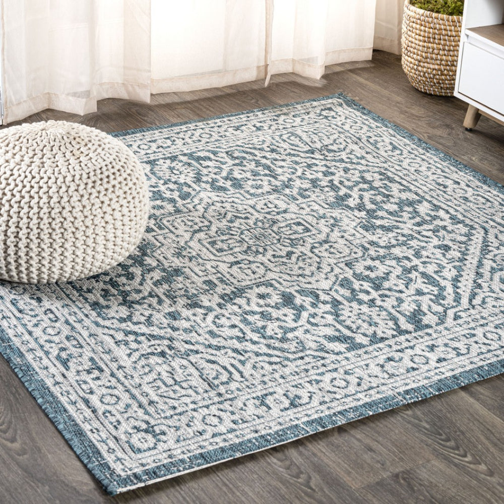 HomeRoots 8' Teal Blue and Gray Square Medallion Rug - Stylish Indoor/Outdoor Area Rug for Modern Spaces 704221