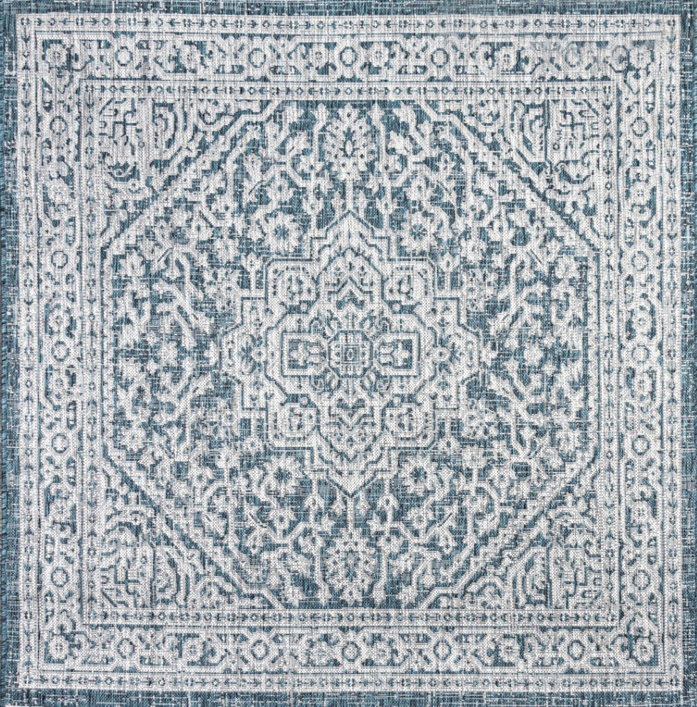 HomeRoots 8' Teal Blue and Gray Square Medallion Rug - Stylish Indoor/Outdoor Area Rug for Modern Spaces 704221