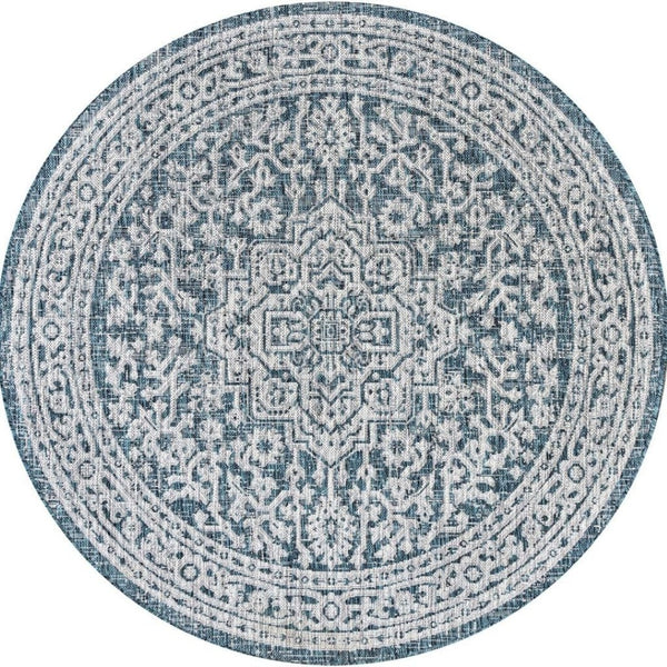 HomeRoots 9' Teal Blue & Gray Round Medallion Rug - Weather-Resistant, Stylish Indoor/Outdoor Accent Piece 704222