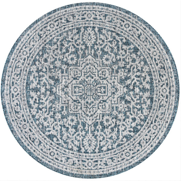 HomeRoots 9' Teal Blue & Gray Round Medallion Rug - Weather-Resistant, Stylish Indoor/Outdoor Accent Piece 704222