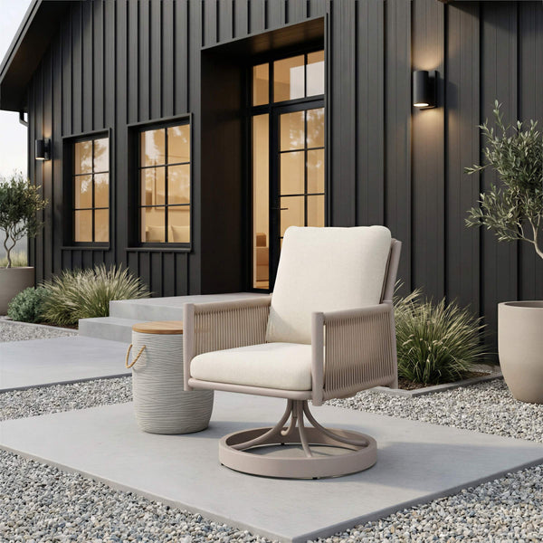 Rivan Swivel Outdoor Dining Chair Aluminum Frame Glam Beige Upholstered Seat