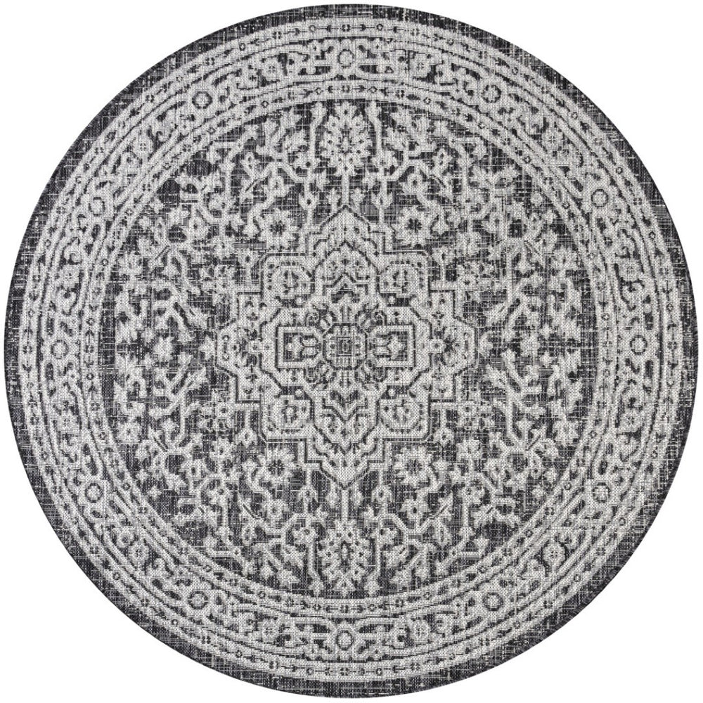 HomeRoots 6' Gray and Black Round Medallion Rug - Stylish Indoor/Outdoor Floor Covering for Any Space 704227