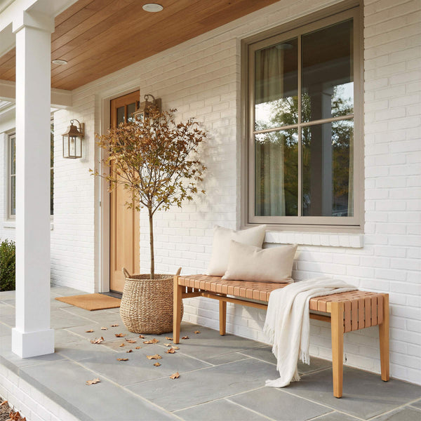 Mizuya Outdoor Acacia Wood Bench with Rattan Weave for Patio or Terrace Seating