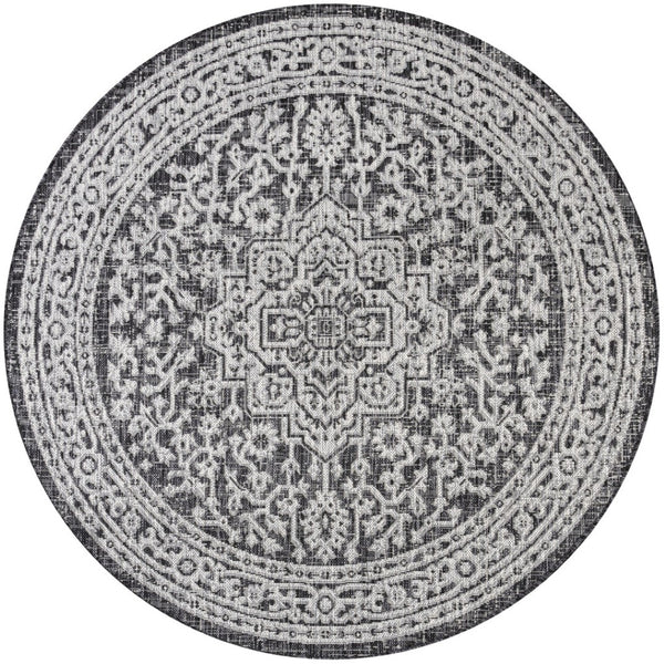 HomeRoots 8' Gray and Black Round Medallion Rug - Stylish Indoor/Outdoor Area Rug for Modern Spaces 704229
