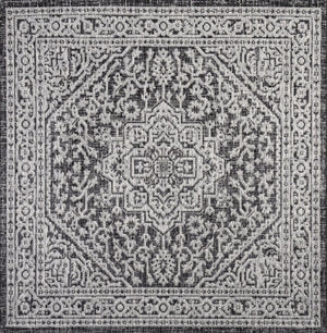 HomeRoots 8' Gray and Black Square Medallion Rug - Modern Indoor/Outdoor Area Rug for Versatile Spaces 704230