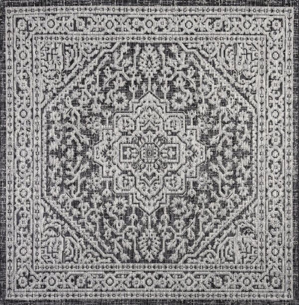 HomeRoots 8' Gray and Black Square Medallion Rug - Modern Indoor/Outdoor Area Rug for Versatile Spaces 704230